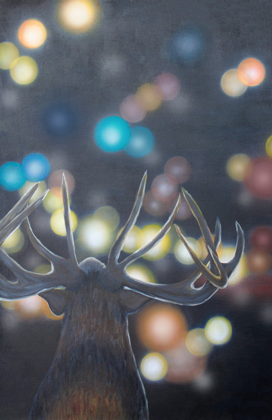 acrylic and airbrush painting of a deer looking into incoming traffic with a bokeh style painting
