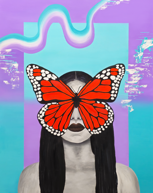 monarch butterfly paintings on a black and white woman portrait with a blue and purple gradient background